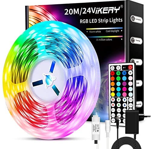 IKERY LED Strip ,RGB Streifen, Farbwechsel Dimmbar Leiste mit IR-Fernbedienung, DIY Bunt Kette für die Beleuchtung von Haus, Party, Küche und Weihnachten Deko, 1 Rollen von 20m