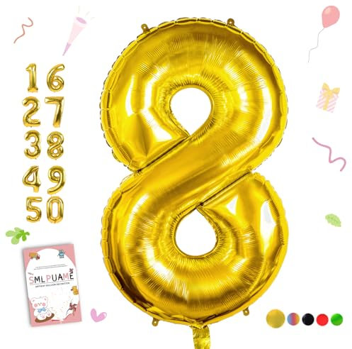Smlpuame 102cm Folienballon Zahlen Luftballon 0-9 Geburtstag Golden Große 8 Ballons für Geburtstagsfeier Feierdekorationen, Heliumfolien Zahlenballons für Hochzeitstag