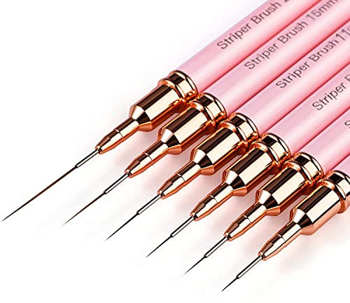 Striping Nail Art Brushes,6pcs Super Fine Striper Brush Set for Long Lines,Thin Details,Fine Drawing,Delicate Coloring,Elongated Lines,Pink Metal Handle Nail Brushes-Sizes 5/7/9/11/15/25mm