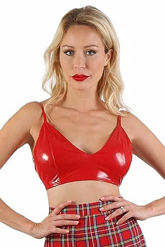 MISS NOIR Damen Wetlook Sexy Top Vinyl-BH Verstellbaren Trägern Dreifach Verstellbarem Rückenverschluss Clubwear, Rot (203701-RD), XL