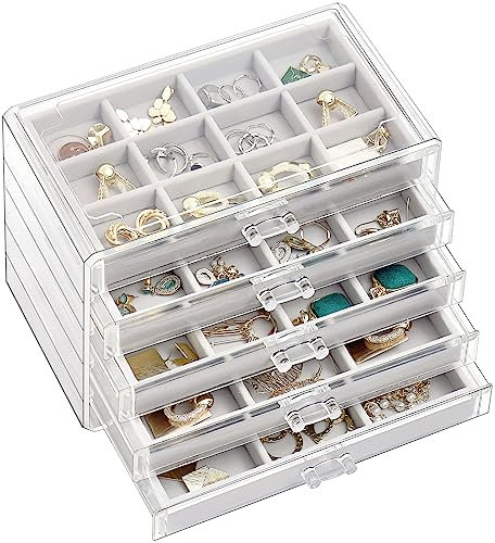 ProCase Acryl Schmuck Organizer Schmuckschatulle für Damen Durchsichtige Schmuckaufbewahrung Schmuckkästchen Schmuckbox mit 5 Schubladen für Ohrringe, Ringe, Armbänder -Grau