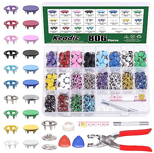 Keadic Lot de 806 boutons pression en métal avec pince de réglage, 10 couleurs, boutons creux et solides en métal avec étui de rangement en plastique pour bricolage, vêtements, artisanat, couture (9,5