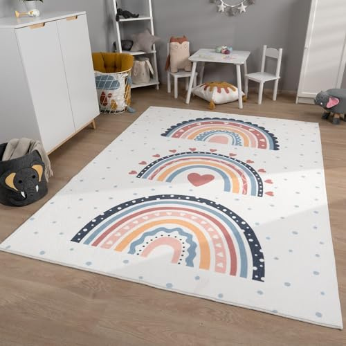 TT Home Kinderzimmerteppich Teppich Junge Mädchen Kinderteppich Baby Herzen Pastell, Farbe:Rosa Beige Gelb, Größe:140x200 cm