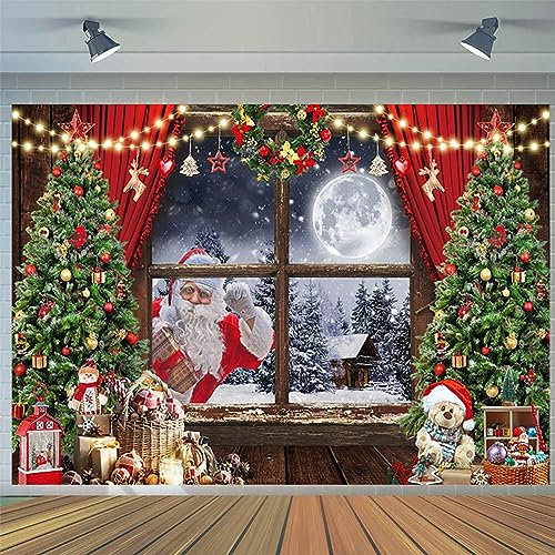 3x2m Toile de Fond Noël Arbre de Noël Rustique Fenêtre en Bois Lune Nuit Père Noël Scène de Neige Fond Photographique Famille Hiver Vacances Nouvel an Décorations de fête Bannière Photo Booth Prop