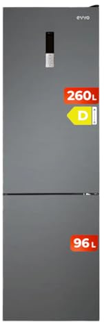 EVVO Frigorífico Combi No Frost, Capacidad Frigorífico 257 L Congelador 94 L, Motor Inverter, 60cm de Ancho, Clase energética D, Multi Air Flow, Luz Interior LED, Panel LED táctil (F60DX, Dark Inox)