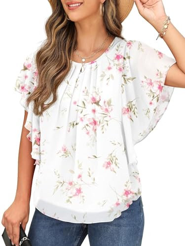 QIXING Chiffon Kurzarm Bluse Damen Sommor Top Damen Elegant Rundhals-Ausschnitt Batwing Sleeve T Shirt Fledermausärmel Tunika (Pfirsich Weiß, L)