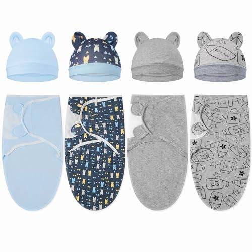 HICARER 4 Packung Pucksack mit Mütze für Jungen Mädchen Verstellbare Baby Schlafsäcke Unisex Baumwolle Wickeldecke für Neugeborene Kleinkinder 0-3 Monate(Blau, Bär, Grau, Flasche)