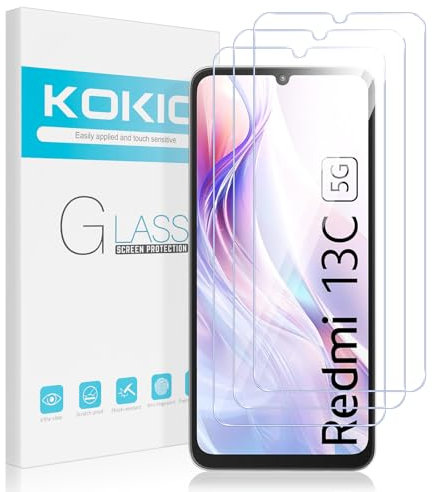 Kokio Protector de Pantalla para Xiaomi Redmi 13C 4G/5G 6,74 Pulgadas, 3 Piezas Dureza 9H Vidrio Cristal Templado para Redmi 13C, Antiarañazos, HD Transparente, Fácil de Instalar
