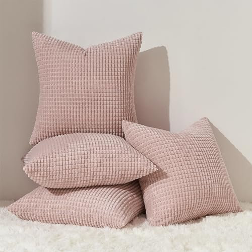 Topfinel Kissenbezug 45x45 Sakura Rosa 4er Set Cord körnig Kissenbezüge Kissenhülle Dekokissenbezug Sofakissen Couchkissen für Sofa Schlafzimmer Wohnzimmer Balkon Kinder flauschig