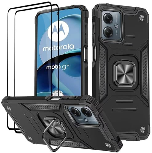 KANSi Funda para Motorola Moto G14, Cristal Vidrio Templado [2 Piezas] Capa Anillo iman Soporte Hard PC y Silicona TPU Antigolpes Armor Carcasa - Negro