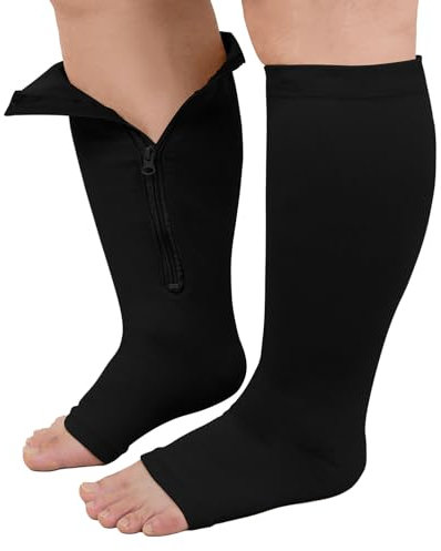 PUTUO Kompressionsstrümpfe Dicke Waden Herren: Stützstrümpfe Damen Übergröße Thrombosestrümpfe Männer Kompressionssocken Reißverschluss Offene Spitze Flug Medizinisch Laufen Reise Schwarz L/XL 1 Paar