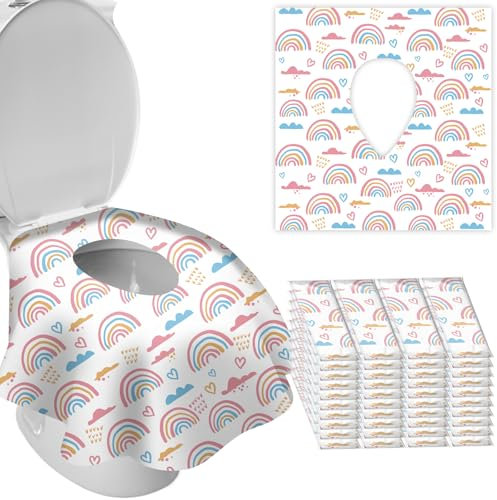 SUNDEE 40Pcs XL Toilet Seat Covers Disposable, Safe No-Slip Waterproof for Kids Toddlers Use in Potty Training Public Restrooms Toilets, Individually Wrapped Portable Covers for Adults Travel -Rainbow