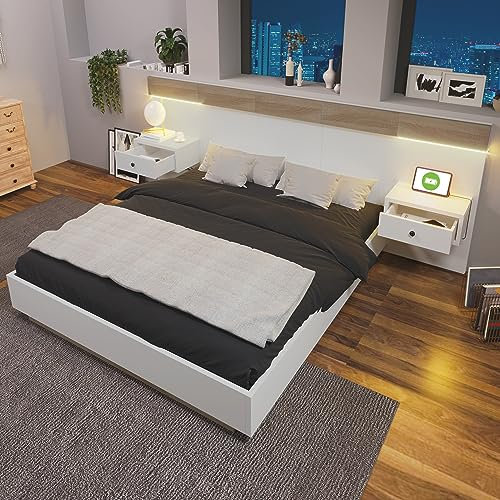 Doppelbett 180x200 cm, integriertes Kopfteil mit 2 LED Nachtkommoden und USB Ladefunktion, Holzbett Bettanlage mit Lattenrost, Funktionsbetten Rückenlehne Bettgestell, Ohne Matratze, Weiß+Eiche