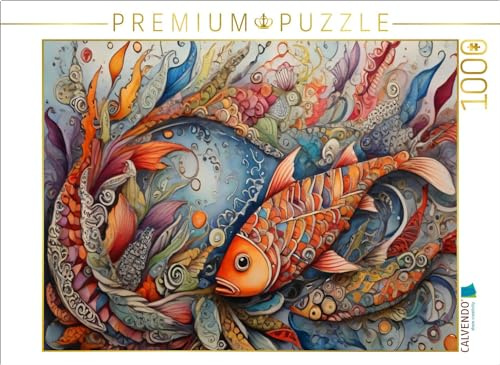 CALVENDO Puzzle Fisch, Zentangle, farbenfroh, Fantasie, fantasievoll, bunt, orange, Wasser, lustig, Tier, Kinderzimmer, Kinder | 1000 Teile Lege-Größe 64 x 48 cm Foto-Puzzle für glückliche Stunden