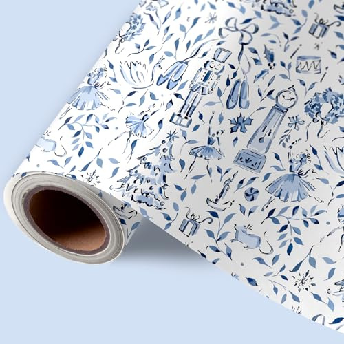 JarThenaAMCS Christmas Wrapping Paper - Mini Roll - 17 Inch x 32.8 Ft Blue Xmas Tree Nutcracker Gift Wrap Paper Decorative Art Paper for DIY Crafts Supplies