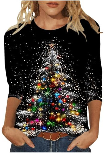 Keepink Christmas Jumpers for Women UK Plus Size 8-24 Glitter Xmas Tree Print 3/4 Sleeve Tops Cotton Crewneck Pullover Blouse Dressy Casual Tunic T Shirt Ladies Xmas Sweatshirts