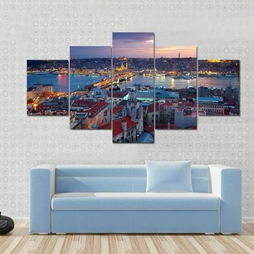 FatAco 5 Stk Kunstdrück Leinwand Wandbilder Ölgemälde Istanbul Sonnenuntergang Leinwanddrucke Moderne Gerahmt Gemälde für Home Wanddeko