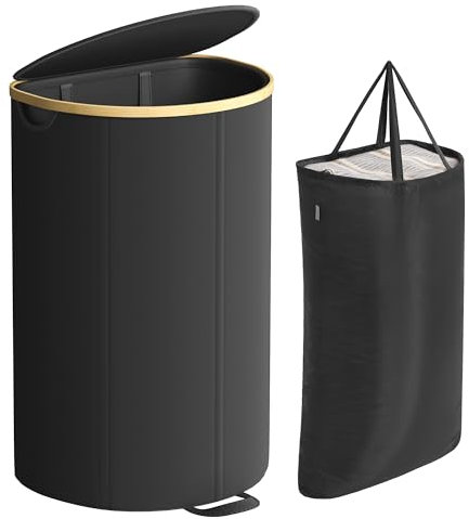 SONGMICS Wäschekorb, Wäschesammler, 90 Liter, Wäschetonne mit Deckel, Wäschesack herausnehmbar, für Waschküche, Schlafzimmer, Wohnzimmer, tintenschwarz-naturbeige LCB547B01