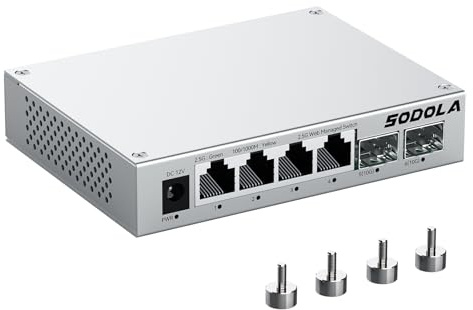 SODOLA 6 Port 2.5Gb Web Managed Switch, 4 x 2.5G Base-T & 2 x 10G SFP+ | Fanless Aluminum Cooling, Magnetic Mounting, Supports LACP/QoS/VLAN/IGMP, For Homelab & Professional Networks