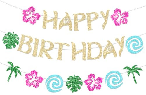 FHGG Hawaii Vaiana Geburtstag Banner Party Dekoration Glitzer Gold für Happy Birthday Tropical Luau Sommer Baby Shower Decor