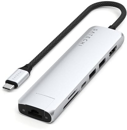 SATECHI Hub USB C 7 en 1 Slim Plus, Adaptateur Multiport avec HDMI 4K, Charge PD 100W, 2 Ports USB-A, Ethernet, Lecteurs de Cartes MicroSD/SD, pour MacBook, Windows et Appareils USB-C – Argent