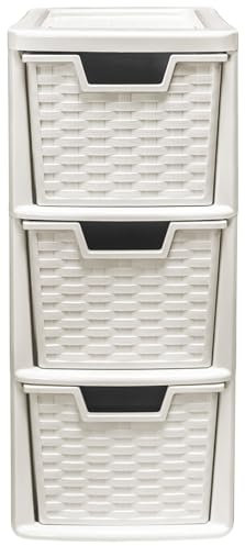 Small Plastic Rattan 3 Drawer Mini Storage Tower Unit Home Office Desktop Table Top (Cream)