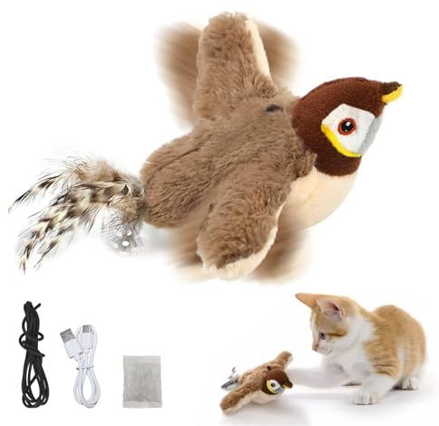 Sykerout Katzenspielzeug Vogel Elektrisch mit Katzenminze, Aufladbar Interaktives, Katzenspielzeug Selbstbeschäftigung Vogel, Flying Bird Cat Toy (Spatz, Mittelgroße)