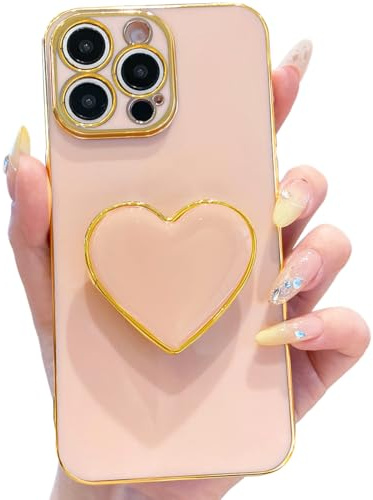 Case for iPhone 12 Pro Max, Cute Love-Heart Kickstand Plating Phone Cover with Holder for Women, Pink Luxury Girls Bling Soft TPU Camera Lens Protection Bumper Shockproof Pop Socket Phone Case