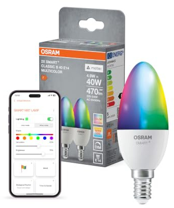 Osram SMART+ Kerze mit Matter over Wifi, Vorteilspack mit 2 Stück, E14-Sockel, 9W, 16 Mio RGB-Farben, warmweiß-tageslichtweiß (2700-6500K), funktioniert mit Alexa, Google und Apple, 2er-Pack
