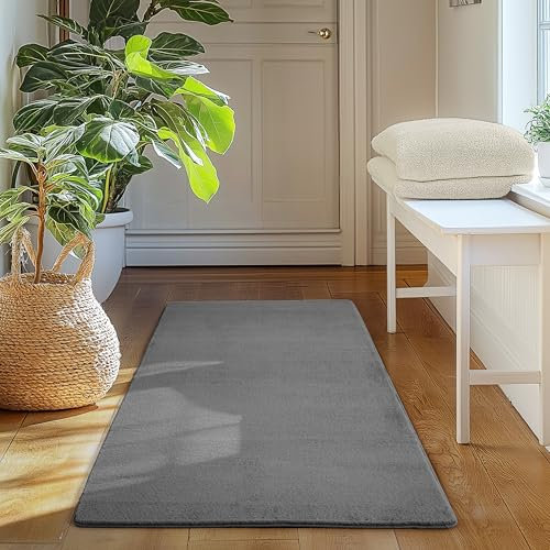 SIMPEX Läufer Teppich Grau 60x100 cm Kurzflor Teppich Waschbar, weich & rutschfest, modernes einfarbiges Design für Schlafzimmer, Küche & Flur