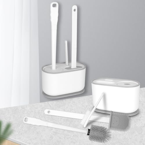 Lot de 3 brosse WC en silicone et nettoyage joints, montage mural (blanc)