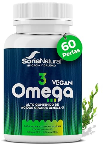 Omega-3 vegano EPA + DHA, 60 perlas, Soria Natural | Aceite de microalga - Schizochytrium - Vitamina E - Bienestar cardiovascular - Apto para dietas veganas