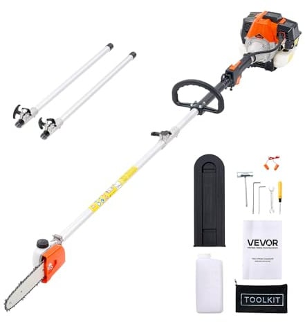 VEVOR Motosierra de Pértiga a Gasolina, Motosierra Inalámbrica de 33 cc y 2 Tiempos con Barra de Corte de 20,3 cm, Tanque de Combustible de 850 ml y Extensible de 2,04-3,54 m para Podar Árboles