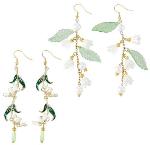 Hobbspring Maiglöckchen Ohrringe 2 Paar Weiße Blume Blatt Angelhaken Ohrstecker 90mm Floral Frauen Schmuck Geschenk Für Muttertag Geburtstag Jubiläum