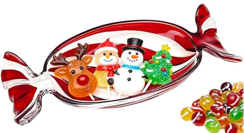 YinNorth Christmas Candy Shaped Glass Dish Platter Oval Serving Tray Red Transparent Festive Dish for Xmas Holiday Party Cookies Fruit Peppermint Dessert Snack Charcuterie Decorative Gift, Large