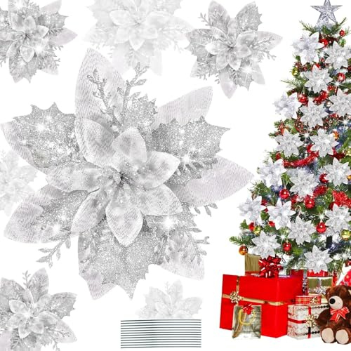 GWAWG 16-teiliges Set Poinsettia-Weihnachtsdekorationen, 14 cm Glitzer-Kunstblumen mit Clip, Hochzeitskranz, Neujahrsdekoration, Partydekoration für zu Hause, Weihnachtsbaumschmuck