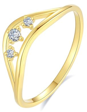 Stfery Diamantring Gold 9K für Damen, Welle Drei Stein Ring Echt Gold Au375 Gr.63 (20.1)
