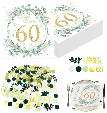 80 Stück Servietten 60 Geburtstag, Eukalyptus Motiv | Papierservietten, mit 30g Konfetti Tischdeko, Servietten Geburtstag für Mann Frau Party Tischdeko