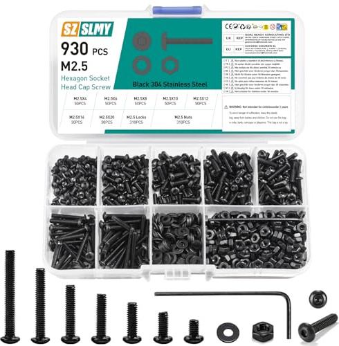 930 Stk M2.5 Schrauben Set,Zylinderschrauben Muttern Sets,Zylinderkopfschrauben Sechskantschrauben Set und Unterlegscheiben,Schwarz Innensechskant Schrauben mit Muttern,Maschinenschrauben (930, M2.5)