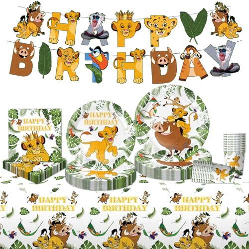 52 PCS Lion King Birthday Decorations, Birthday Party Tableware Set with Plates Cups Napkins Banner Tablecloth, Party Supplies for 10 Guests