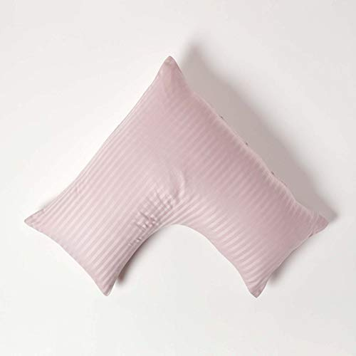 HOMESCAPES Dusky Pink Pure Egyptian Cotton V-Shape Pillowcase 330 TC 500 Thread Count Percale Equivalent Satin Stripe Pillow Case For Nursing Pregnancy and Elderly