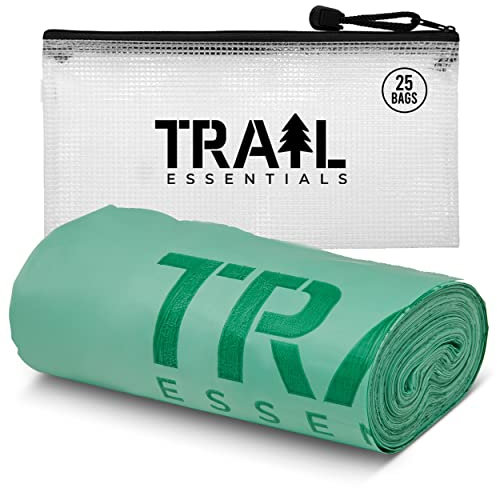 Trail Essentials Toilettenbeutel, Zertifiziert biologisch abbaubar und kompostierbar, Verwendung und Vergrabung im Boden – inkl. praktischer, wasserabweisender Tragetasche, 25 Bags