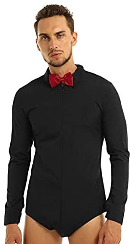 TTAO Herren Langarm Bodysuit Giltzer Tanz-Body mit Fliege Latein Obeteile Leotard Standard Hemdbody Leotard Overalls Party Performance Tanzkostüm Schwarz M