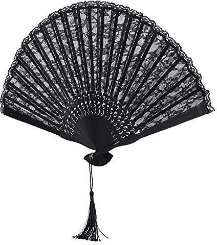 Alvinlite Fächer Handfächer mit Quasten, Fecher aus Spitze und Holz, Fecher Damen Viktorianischen Handfächer für Hochzeit Deko Heimdekoration Party Tanzen Ostern Geschenk(Schwarz)