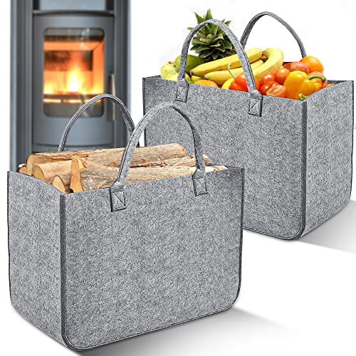 2 Stück Filztasche Kaminholztasche aus Filz Kaminholzkorb Filztaschen Einkaufskorb Brennholzkorb Feuerholzkorb für Filzkorb, Shopper, Holz, Zeitungen, Einkaufstasche, Große Faltbarer Tragbare (Grau)
