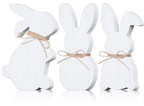 3 Stück Osterhasen-Tischschilder aus Holz mit Seil, Ostern, Frühling, Holz, gestuftes Tablett, Dekoration, Kaninchen, Tischplatte, Party, Tafelaufsatz, Schilder, Schreibtisch, Büro (weiß)