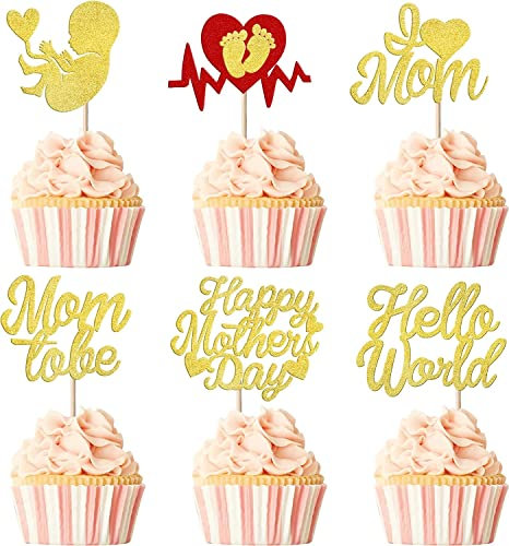 24 Stück Happy Mother's Day Tortendeko, Glitzer Herz Best Mom Cake Toppers I Love You Kuchen Deko Cupcke Toppers für Glücklicher Muttertag Thema Frauen Geburtstag Party Supplies Gold