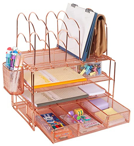 PowerKing Desktop Desktop File Organizer, All in One Desk Organizer with Pen Holder File Tray Sorters Drawer, Desk Accessories & Workspace Organizers for Home Office School Supplies (Rose Gold)