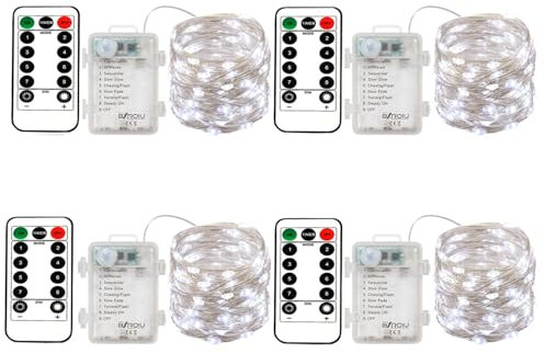 BXROIU 4 x Fairy String Lights Battery Operated, Silver Wire 8 Mode Chains 5Meter 50 LEDs Firefly String Lights with Remote Control for Bedroom Christmas Party Wedding Decoration (Cool White)