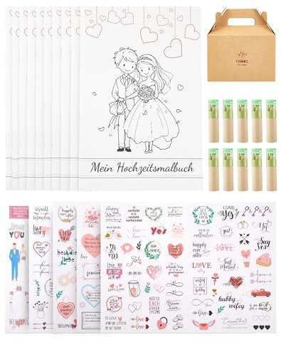 Hochzeitsmalbuch Kinder Malbuch Hochzeit für Kinder 10er Set Ausmalbuch Hochzeit mit Buntstiften & Aufkleber, Kindermalbuch Hochzeit Kinder Beschäftigung Spiele Gastgeschenke Hochzeit Kinder